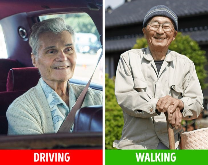 Bí kíp 6: Người Nhật ưu tiên việc đi bộ Không chỉ trong chế độ ăn uống mà người Nhật rất chú trọng đến chế độ tập luyện. Họ không ngồi một chỗ quá lâu mà thường xuyên đứng lên và đi lại rất nhiều. Những người lớn tuổi có thói quen đi bộ, đi xe đạp và đi tàu (thay vì lát ô tô).