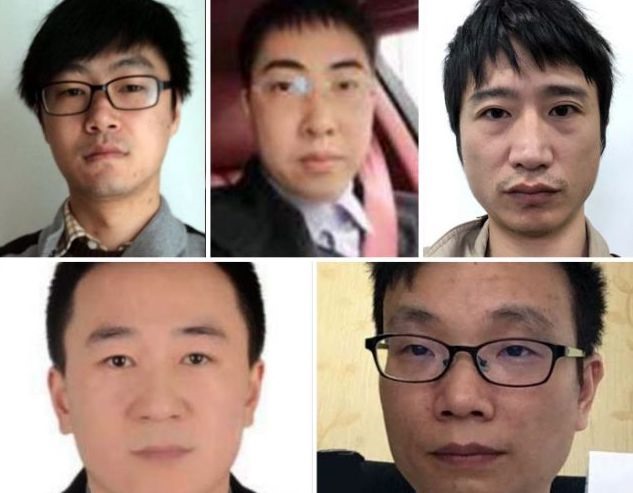 Năm công dân Trung Quốc bị Mỹ buộc tội: Jiang Lizhi, Tan Dailin, Qian Chuan, Zhang Haoran, và Fu Qiang (từ trên xuống, trái qua). Ảnh: FBI