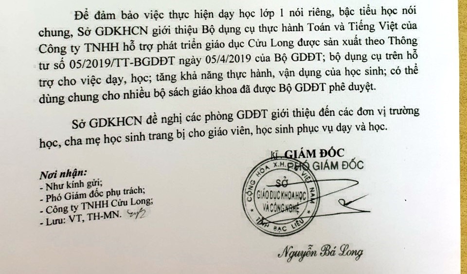 Công văn đề nghị các Phòng Giáo dục Đào tạo chỉ đạo các trường mần non, mẫu giáo đăng ký mua sách của Sở Giáo dục Khoa học Công nghệ Bạc Liêu (ảnh Nhật Hồ)