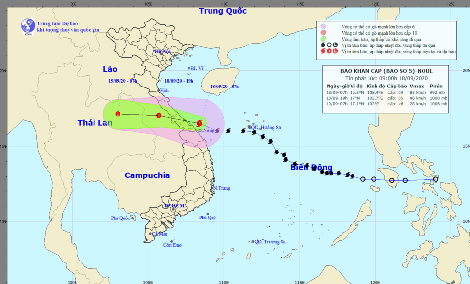 Vị trí và hướng đi của bão số 5. Nguồn: NCHMF