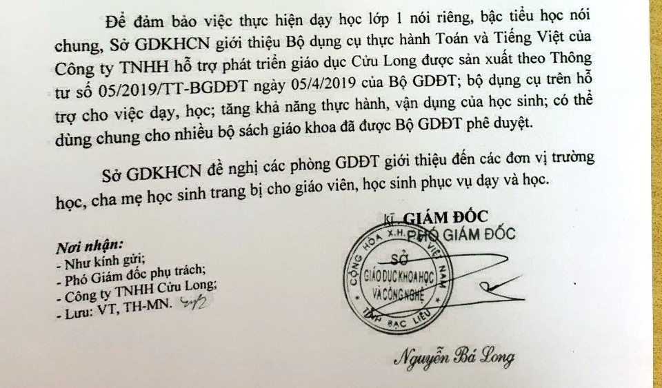 Công văn giới thiệu sách của Phó giám đốc Sở Giáo dục Khoa học Công nghệ Bạc Liêu Nguyễn Bá Long ký phát hành (ảnh Nhật Hồ)