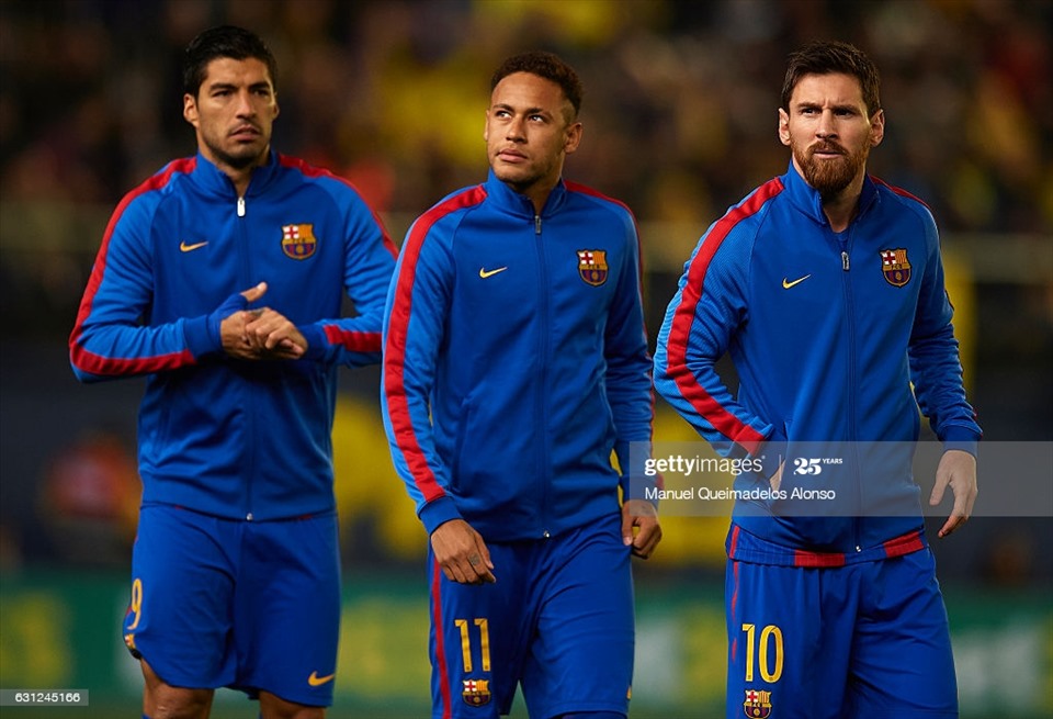 Bộ ba M-S-N chỉ còn lại Lionel Messi. Ảnh Getty
