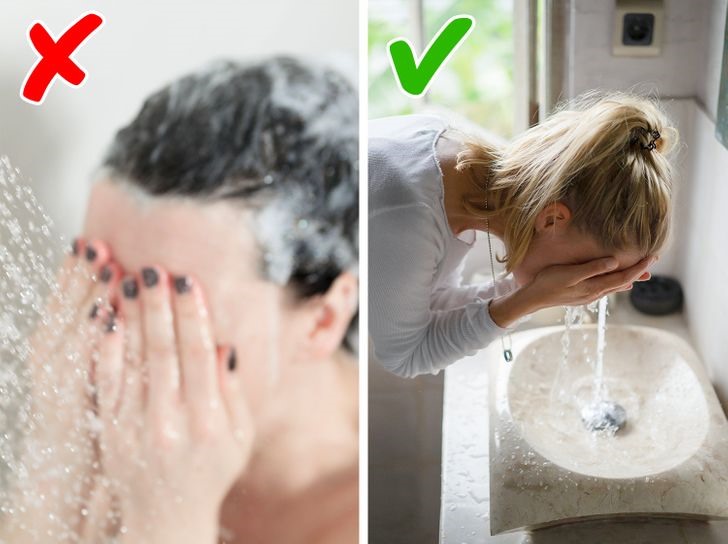 Sai lầm 6: Rửa mặt khi tắm Khi tắm, mọi người thường sử dụng nước nóng. Nước nóng rất dễ gây kích ứng da và có thể làm hỏng hàng rào bảo vệ da. Nó cũng có thể hòa tan và rửa trôi lớp dầu tự nhiên trên da khiến da bị khô và khó chịu.
