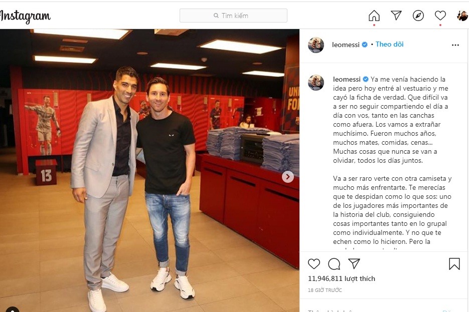 Lời chia tay Messi gửi đến Suarez. Ảnh: Instagram