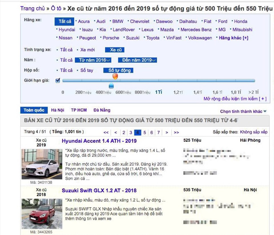 Tìm kiếm trên trang mua bán điện tử cho thấy 1000 kết quả xe ôtô cũ 5 chỗ với mức giá 500 triệu. Ảnh chụp màn hình.