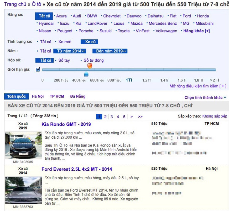 Các xe 7-8 chỗ với giá từ 500 triệu đang được rao bán trên chuyên trang mua bán điện tử với đa dạng mẫu mã. Ảnh chụp màn hình.