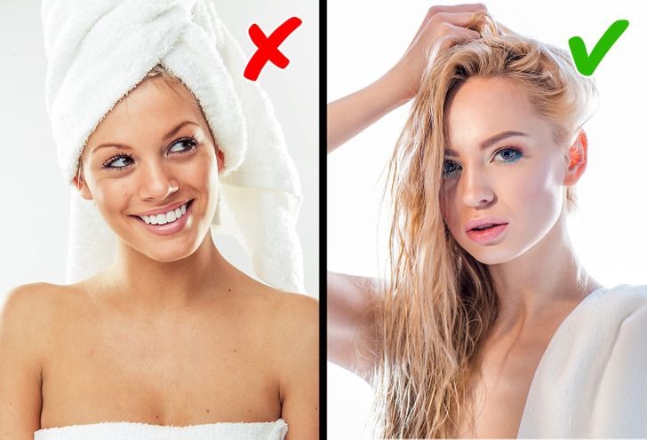 Sai lầm 5: Chúng ta quấn tóc ướt trong một chiếc khăn Sau khi làm ướt, tóc dễ bị tổn thương và gãy rụng. Ngoài ra, do sức nóng, các tuyến bã nhờn bắt đầu hoạt động mạnh hơn khiến tóc nhanh bẩn. Để tránh điều này, bạn không nên quấn khăn sau khi tắm xong.