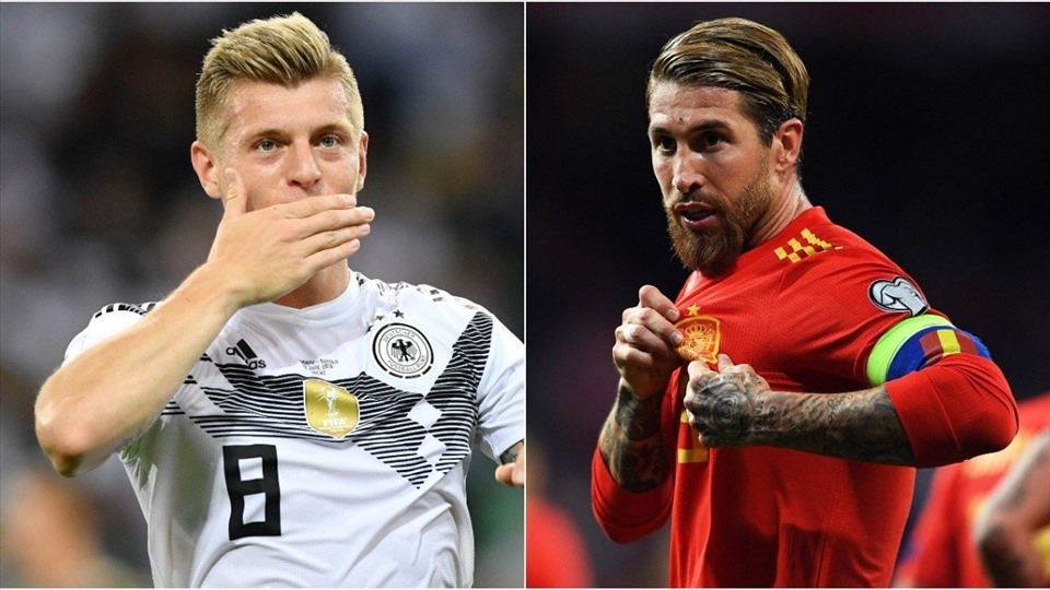 Sergio Ramos (phải) ghi gần một nửa số bàn thắng của đội hình Tây Ban Nha hiện tại, Toni Kroos đang dẫn đầu danh sách ở đội Đức. Ảnh: Getty Images