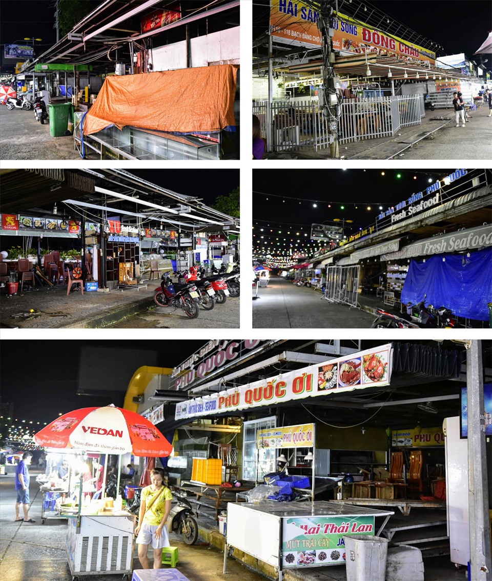Hầu hết các gian hàng lớn, đặc biệt là các gian hàng kinh doanh hải sản sầm uất nhất Chợ đêm Phú Quốc đều vẫn đang đóng cửa. Khu vực từng sôi động và sầm uất nhất chợ đêm hiện đang trong cảnh vắng lặng.