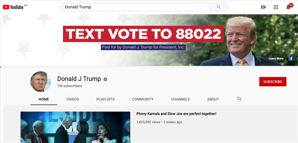 Kênh YouTube của Tổng thống Donald Trump.