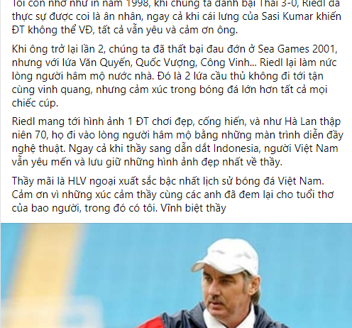 Một ý kiến của fan bóng đá Việt Nam bày tỏ niềm tiếc thương vô hạn trước sự ra đi của ông Alfred Riedl. Ảnh: Chụp màn hình.