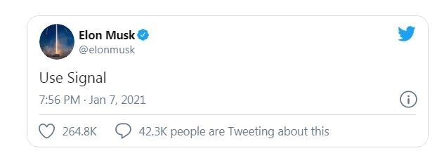 Tỉ phú Elon Musk viết “dùng Signal” trên Twitter hôm 7.1. Ảnh chụp màn hình