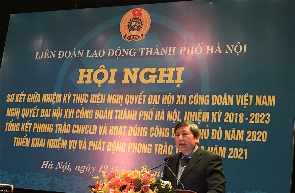 Phó chủ tịch Thường trực Tổng Liên đoàn Lao động Việt Nam Trần Thanh Hải phát biểu với các cán bộ Công đoàn Hà Nội. Ảnh: Hải Anh
