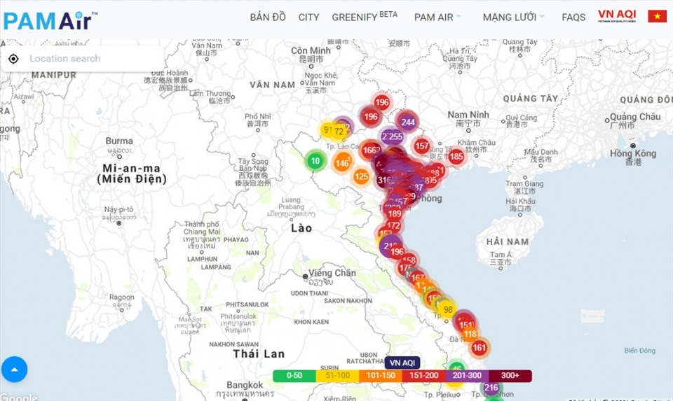 Hậu hết chất lượng không khí ở các tỉnh phía Bắc và Bắc Trung Bộ lên ngưỡng xấu và rất xấu. Ảnh: pamair.org.