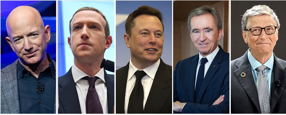Tính đến ngày 26.1.2021, danh sách 5 người giàu có nhất hành gồm Elon Musk (209 tỉ USD), Jeff Bezos (192 tỉ USD), Bill Gates (134 tỉ USD), Bernard Arnault (110 tỉ USD) và ông chủ Facebook - Mark Zuckerberg (105 tỉ USD).