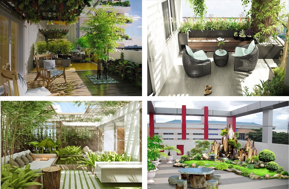 Tiểu cảnh tại khu vực sân thượng nhà ở. (Đồ họa: Trang Thiều)