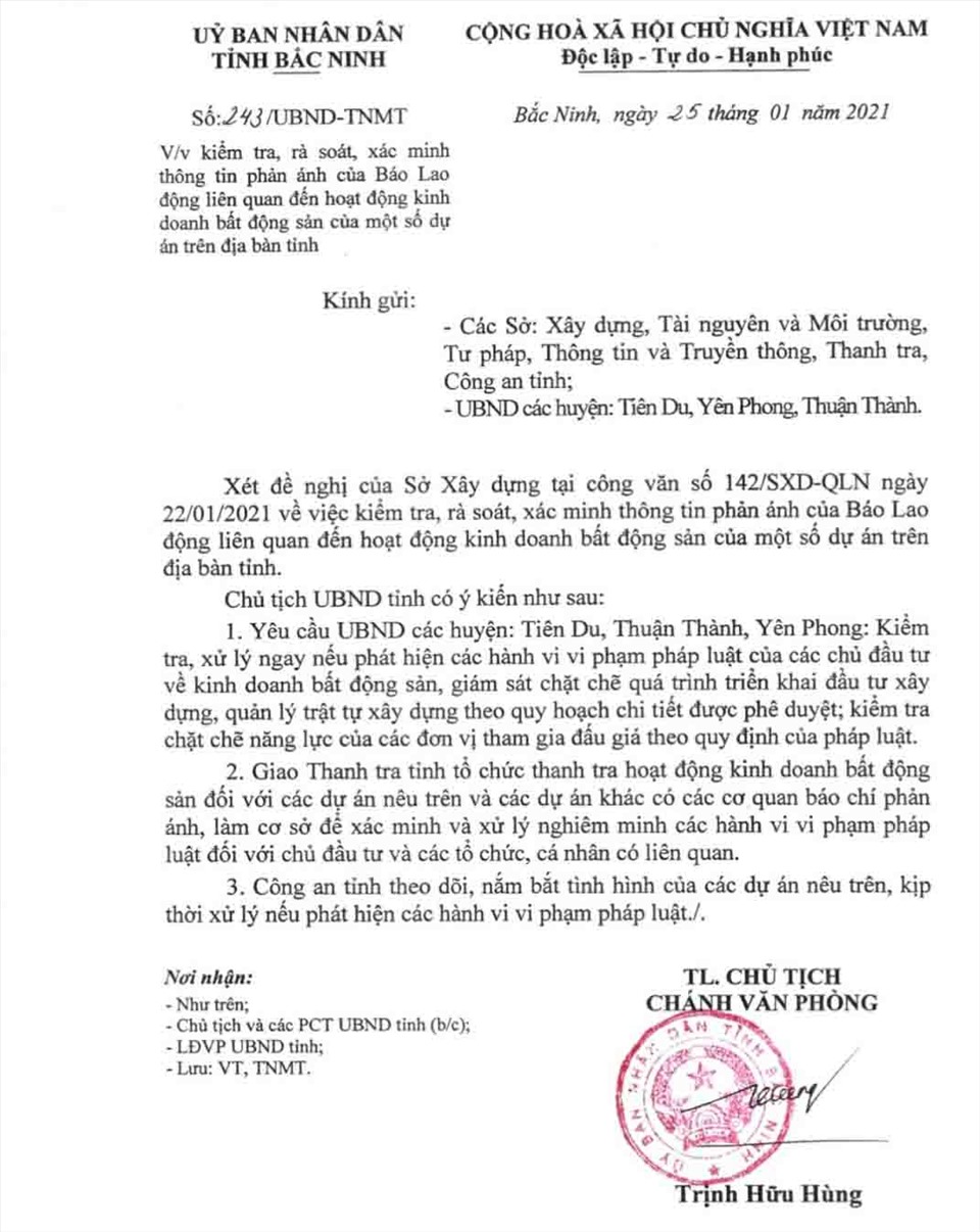 Chủ tịch UBND tỉnh Bắc Ninh chỉ đạo làm rõ thông tin Báo Lao Động phản ánh.