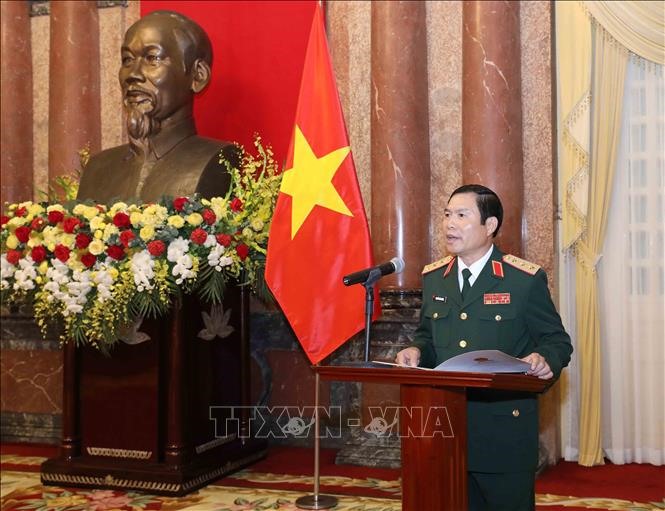 Thượng tướng Nguyễn Tân Cương, Thứ trưởng Bộ Quốc phòng phát biểu tại buổi lễ. Ảnh: Phương Hoa/TTXVN