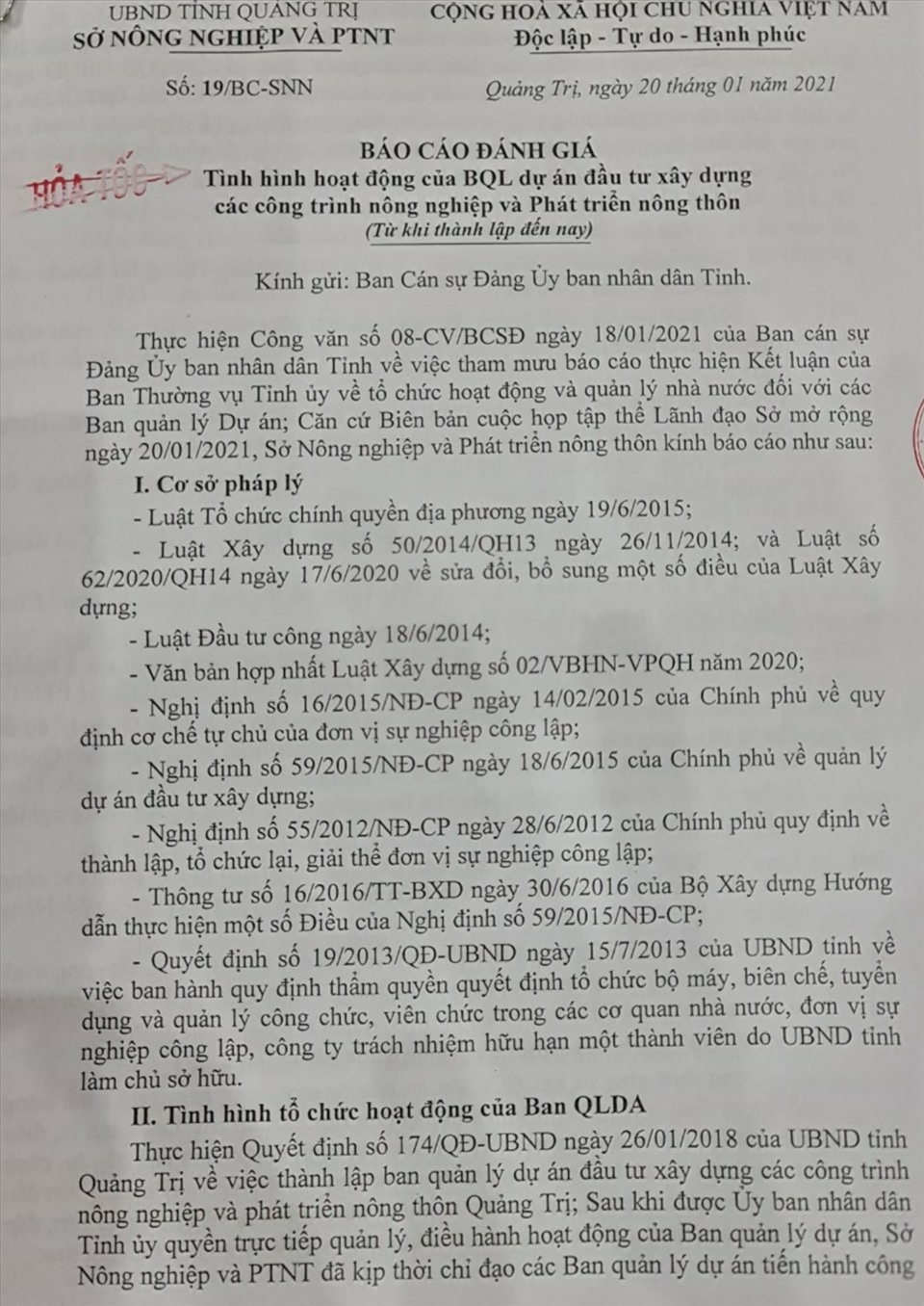 Công văn hỏa tốc của Sở NNPTNT Quảng Trị có nội dung đề nghị hủy việc thu hồi Ban QLDA từ Sở lên UBND tỉnh. Ảnh: LAM CHI