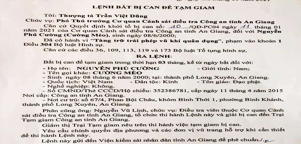 Lệnh bắt bị can Nguyễn Phú Cường để tạm giam phục vụ điều tra vụ tàng trữ vũ khí trái phép. Ảnh: Vũ Tiến