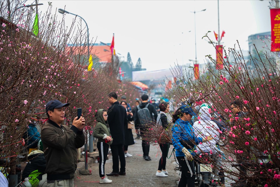 Tại các chợ hoa, khung cảnh mua bán trở nên vô cùng nhộn nhịp. Trong ảnh là chợ hoa Quảng An (Tây Hồ, Hà Nội).