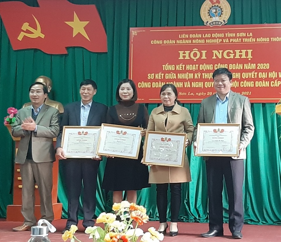 Ông Vàng A Lả - Chủ tịch LĐLĐ tỉnh Sơn La trao tặng bằng khen cho các tập thể, cá nhân. Ảnh: CĐ ngành NN&PTNN Sơn La.