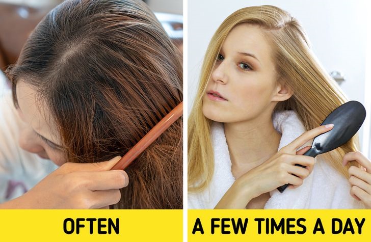 Sai lầm 4: Chải tóc mạnh và chải quá nhiều lần Chải tóc mạnh và chải quá nhiều lần trong ngày có thể làm tóc yếu đi và dễ gãy rụng. Thay vào đó, hãy cố gắng tập trung vào kỹ thuật chải tóc. Ngoài ra, hãy nhớ  làm sạch lược chải tóc của bạn thường xuyên để hạn chế việc khiến các tế bào chết bám lên mái tóc của bạn.