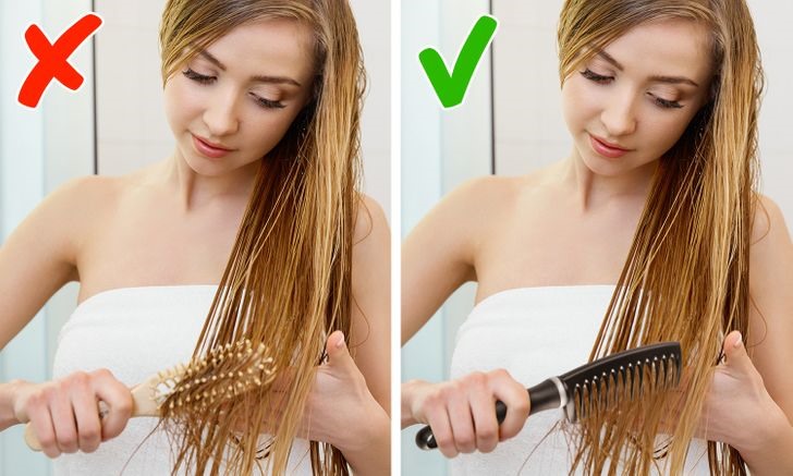 Sai lầm 5: Bạn sử dụng cùng một loại lược dù chải tóc ướt hay chải tóc khô Tóc ướt rất dễ gãy rụng vì thế dùng lược chải tóc không đúng loại dễ làm tóc bị hư tổn. Dụng cụ tốt nhất để chải tóc ướt là một chiếc lược răng thưa.