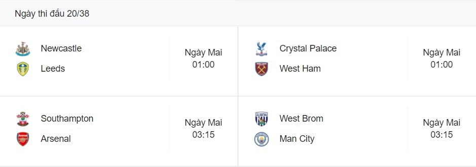 Lịch thi đấu 4 trận đá sớm vòng 20 Premier League. Các trận đấu được trực tiếp trên truyền hình K+.