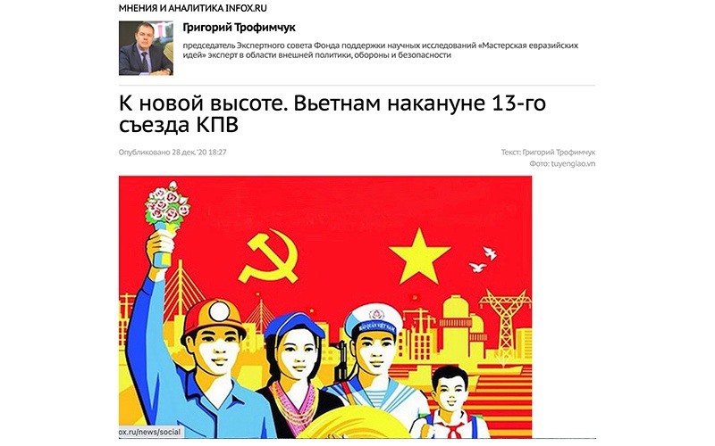 Giao diện trang mạng Infox.ru của Nga với bài báo ca ngợi vai trò lãnh đạo của Đảng Cộng sản Việt Nam. Ảnh chụp màn hình