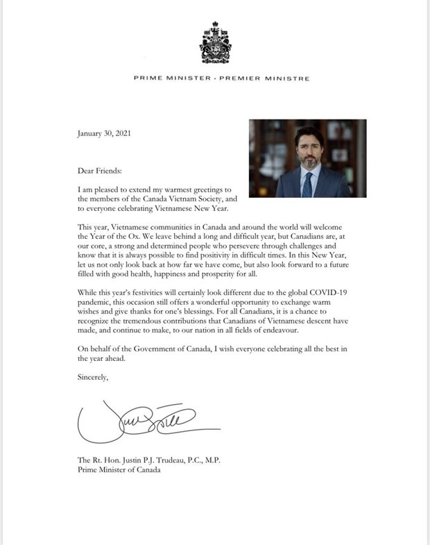Thư chúc Tết của Thủ tướng Canada Justin Trudeau gửi tới cộng đồng người Việt Nam tại Canada. Ảnh: TTXVN