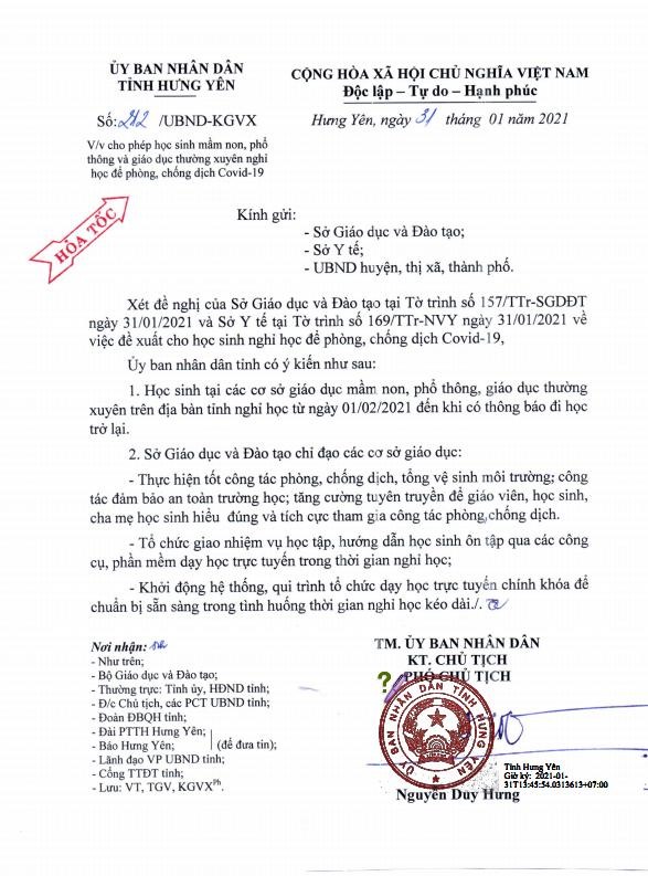 Công văn hỏa tốc của UBND tỉnh Hưng Yên về việc cho học sinh nghỉ học phòng, chống COVID-19.