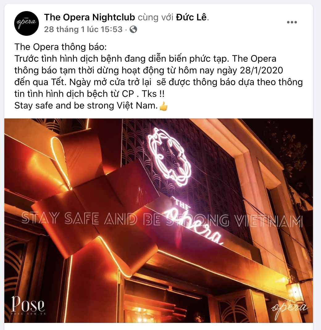 Trước đó nhiều cơ sở kinh doanh dịch vụ quán bar, vũ trường cũng đã chủ động đóng cửa như quán 1900, IP club,... Thậm chí có những quán thông báo trước đó cả 3 ngày vì lo ngại tình hình dịch bệnh.