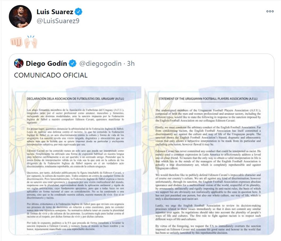 Các cầu thủ chia sẻ văn bản của Hiệp hội cầu thủ Uruguay để ủng hộ Cavani. Ảnh: Twitter