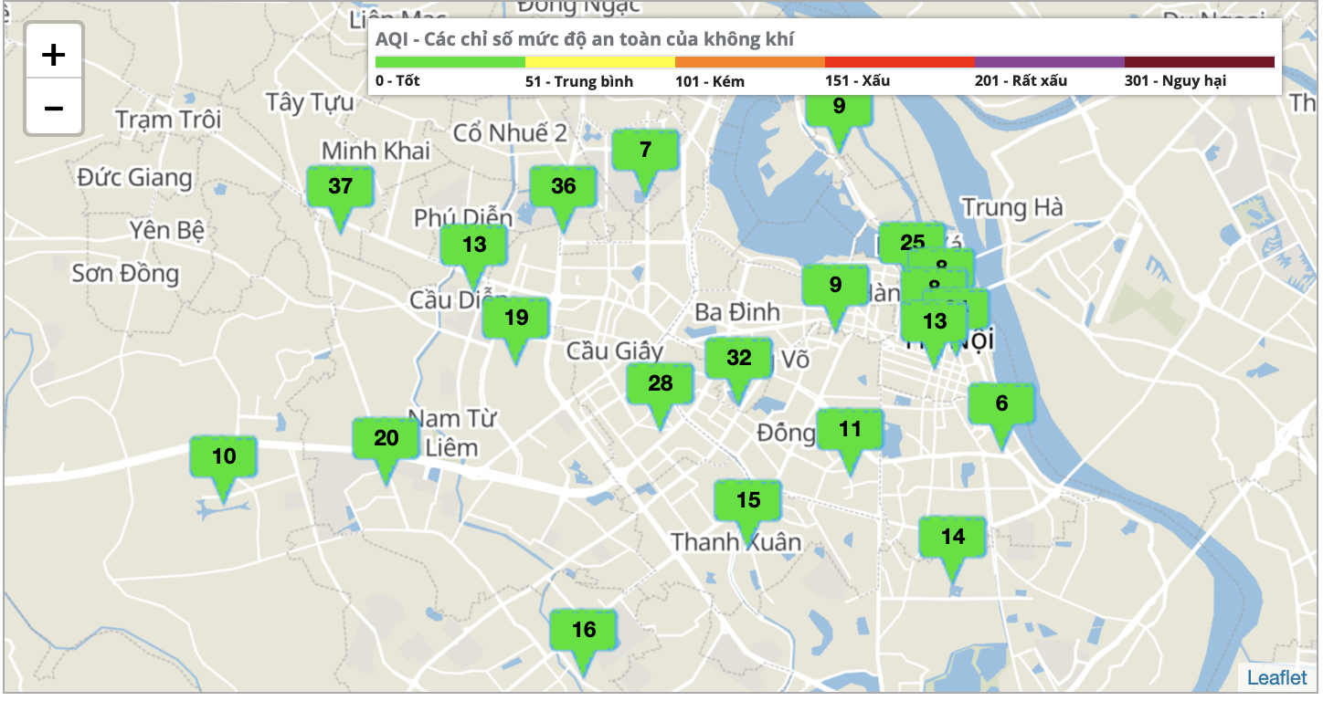 Chỉ số chất lượng không khí cho thấy Hà Nội được bao phủ bởi màu xanh. Ảnh chụp màn hình.