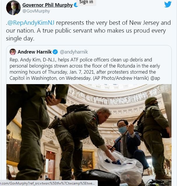 Thống đốc New Jersey chia sẻ ngợi khen về hành động gây bão của Hạ nghị sĩ Andy Kim sau vụ hỗn loạn ở tòa nhà Quốc hội Mỹ.  Ảnh chụp màn hình.