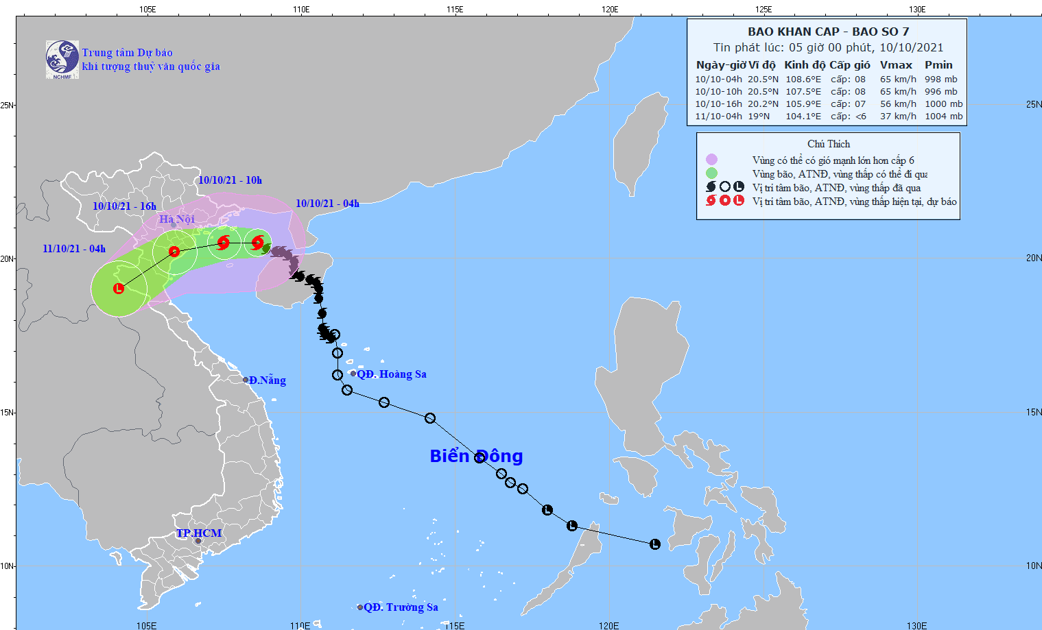 Dự báo đường đi của bão số 7 vào hồi 5 giờ ngày 10.10. Ảnh: Trung tâm Dự báo Khí tượng Thuỷ văn Quốc gia