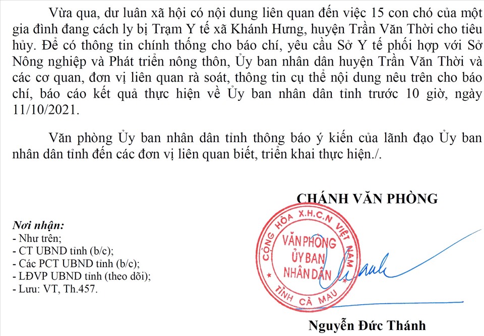 Văn bản của Văn phòng UBND tỉnh Cà Mau đề nghị báo cáo rõ thông tin tiêu hủy đàn chó của người dân về từ vùng dịch. Ảnh: Nhật Hồ