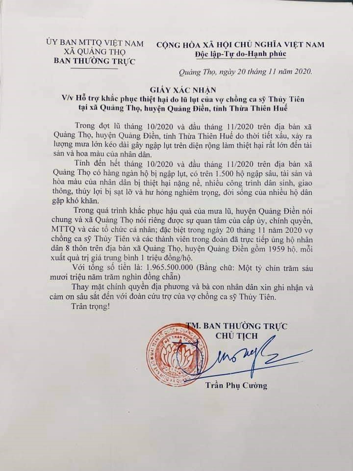Văn bản xác nhận của Ủy ban MTTQ Việt Nam xã Quảng Thọ. Ảnh: PĐ.