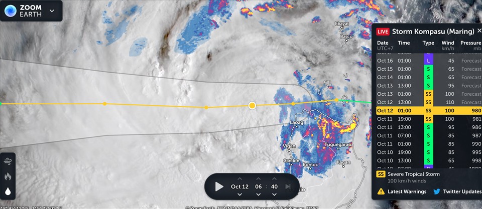 Ảnh vệ tinh bão Kompasu ngày 12.10. Ảnh: Zoom Earth