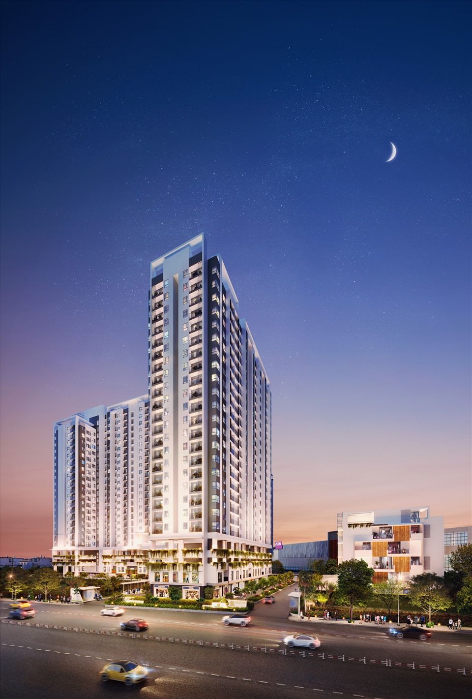Phối cảnh block Silver Moon và Emerald Moon dự án Moonlight Centre Point sở hữu mặt tiền đắc địa. Ảnh: Hưng Thịnh Land