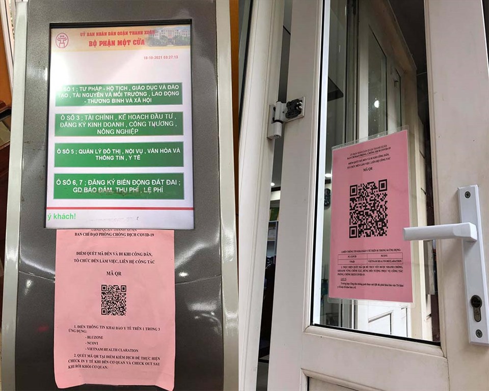 Cùng trụ sở UBND quận Thanh Xuân cũng có ít nhất 2 hướng dẫn khác nhau về quét QR code, khai báo y tế. Ảnh: Hữu Chánh.