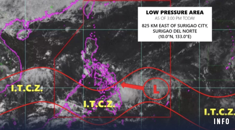 Áp thấp (LPA) và dải hội tụ nhiệt đới (ICTZ) ở Philippines ngày 21.10. Ảnh: PASAGA