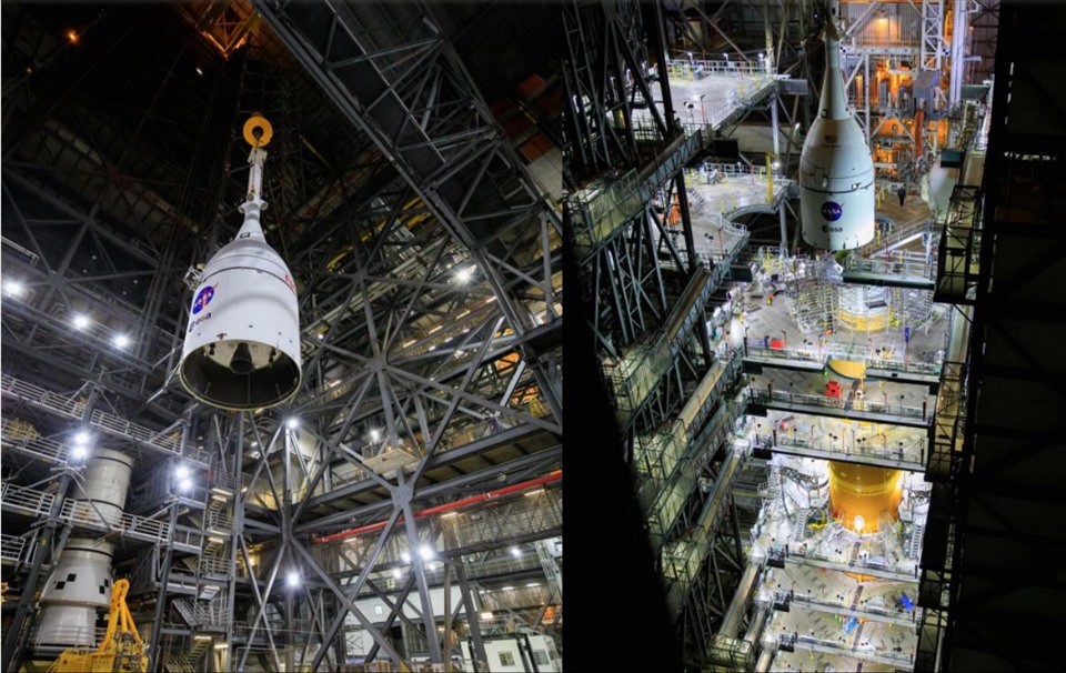 Tàu vũ trụ Orion của NASA được đặt trên đỉnh siêu tên lửa Hệ thống phóng tàu không gian (SLS). Ảnh: NASA