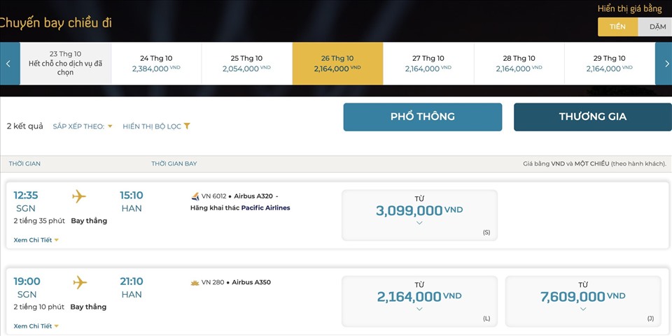 Giá vé đường bay TPHCM-Hà Nội của hãng Vietnam Airlines. Ảnh chụp màn hình ngày 22.10.