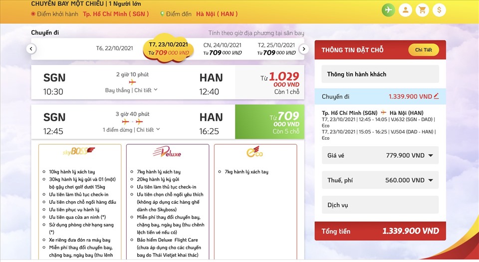 Giá vé bay chặng TPHCM-Hà Nội của hãng Vietjet. Ảnh chụp màn hình ngày 22.10.