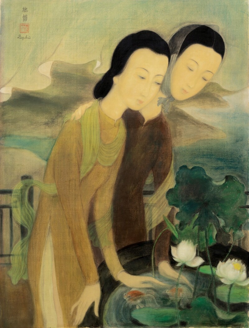 Bức “Hai người phụ nữ ngắm bể cá vàng” của cố họa sĩ Lê Phổ. Ảnh: Sotheby's Hongkong