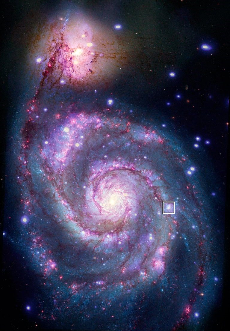 Thiên hà M51 với ô vuông là vị trí hành tinh ứng viên. Ảnh: NASA