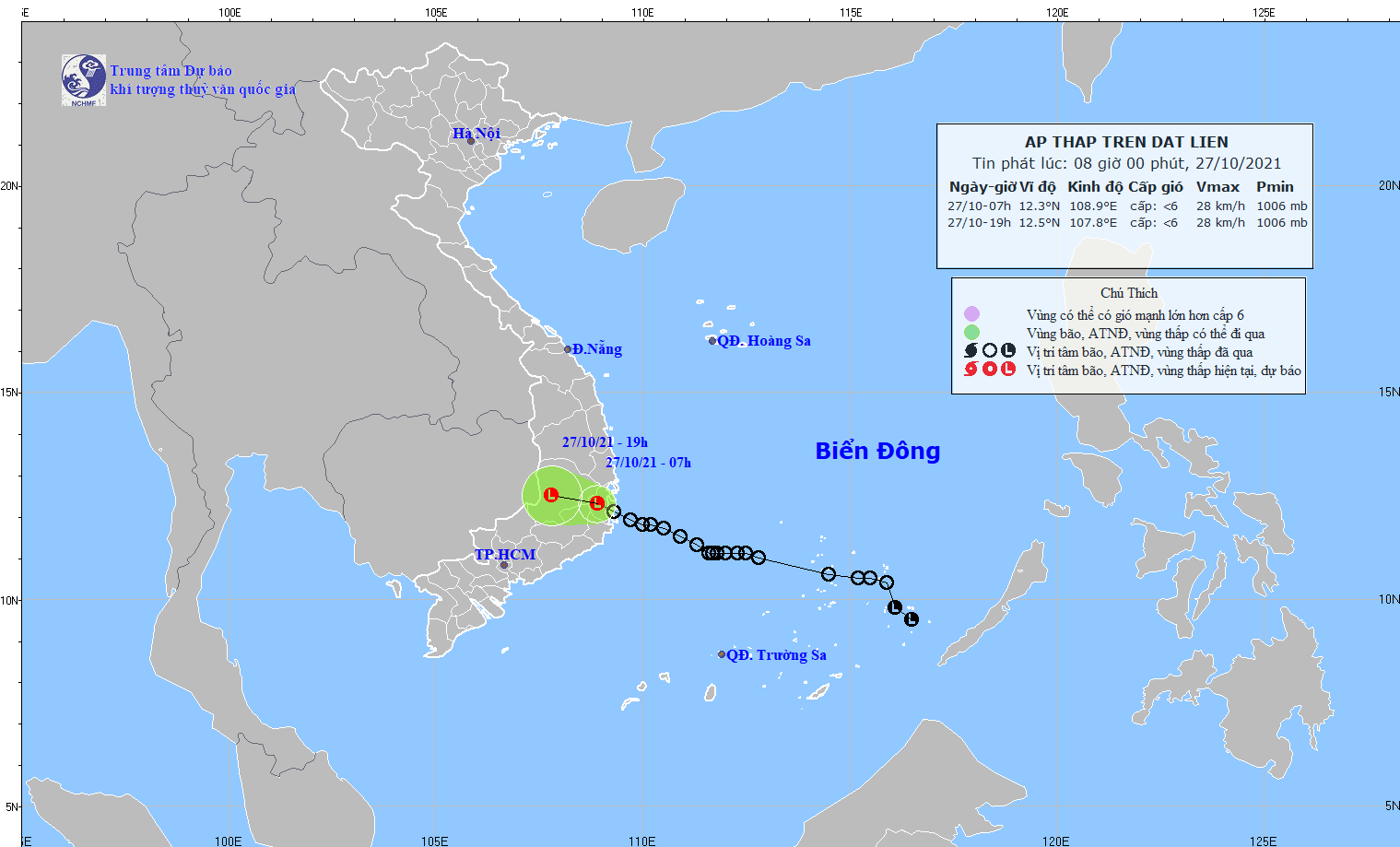 Vùng áp thấp trên đất liền Khánh Hòa, Việt Nam hồi 8h ngày 27.10. Ảnh: Trung tâm Dự báo Khí tượng Thủy văn Quốc gia