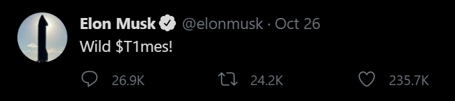 Tỉ phú giàu nhất hành tinh Elon Musk đã ăn mừng cột mốc quan trọng trên Twitter với dòng tweet “Wild $ T1mes!” tới 61,4 triệu người theo dõi của mình. Ảnh chụp màn hình.